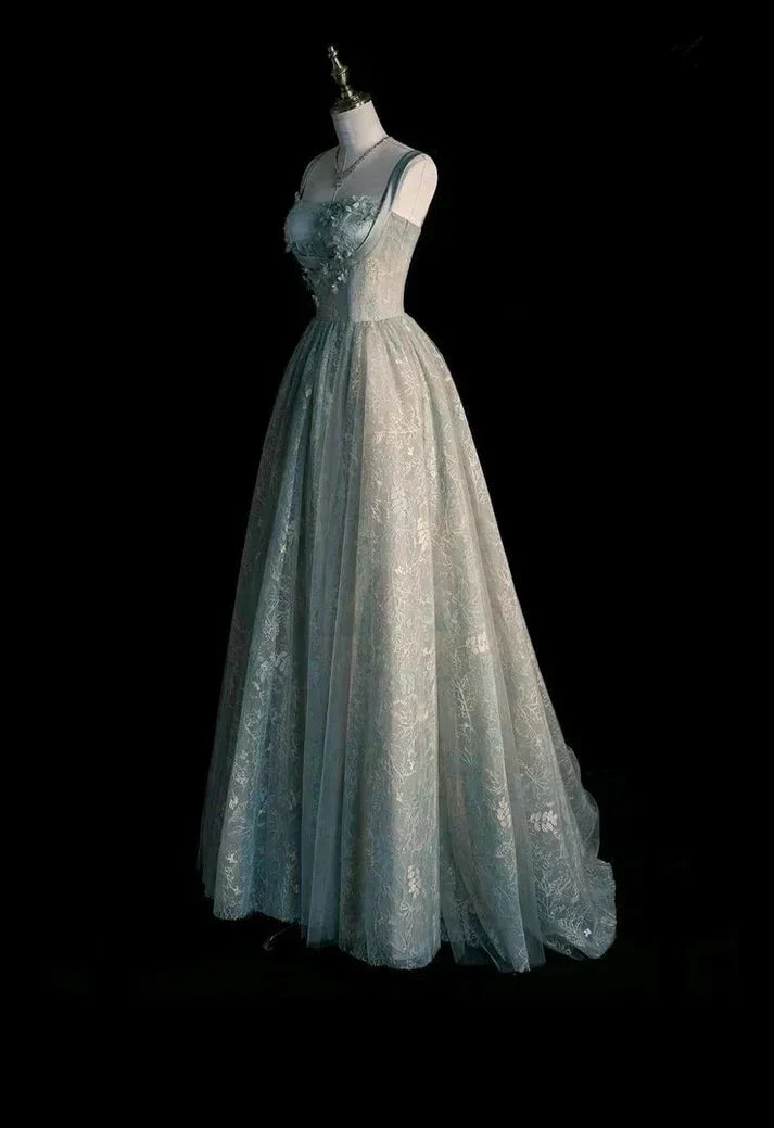 Charming Sage Green Long Tulle Lace Prom Dress A Line Party Evening Dress Y7544 - Image 4