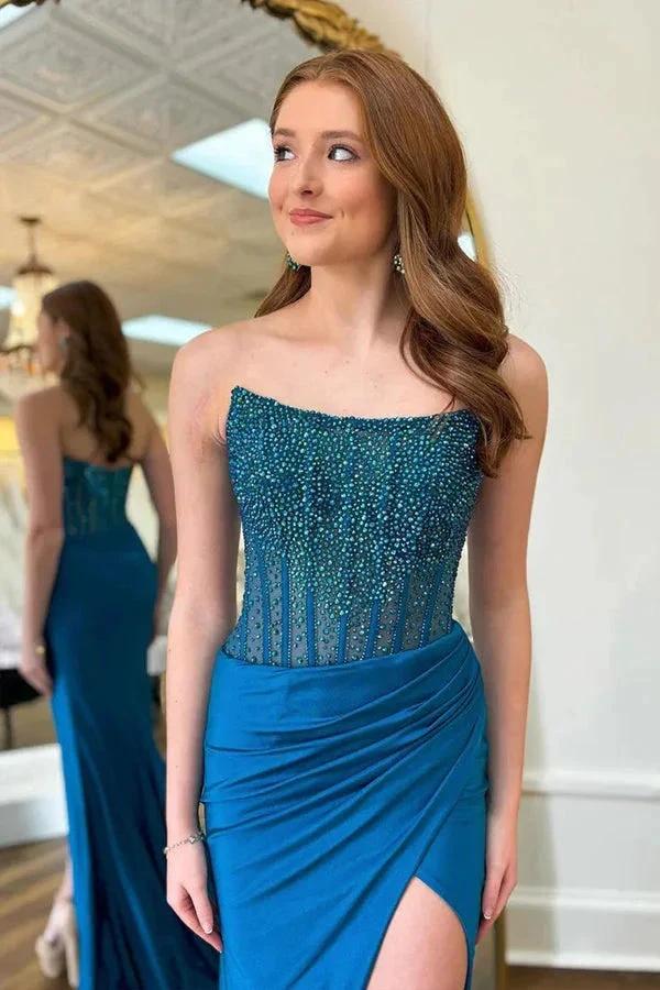 Charming Round Neck Mermaid Blue Prom Dress with Beading PSK606 - Image 2