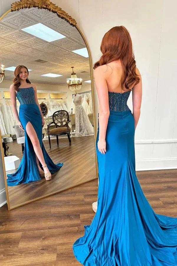 Charming Round Neck Mermaid Blue Prom Dress with Beading PSK606 - Image 3