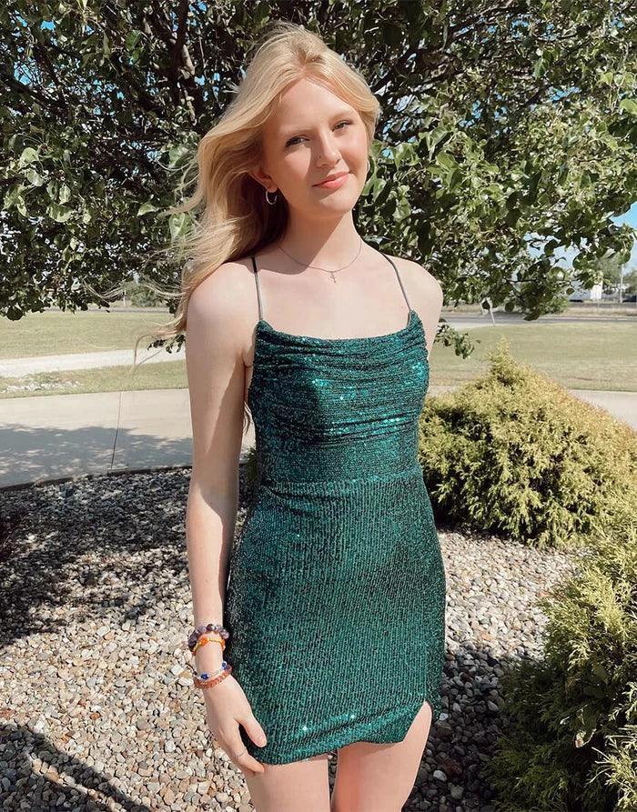 Charming Short Column Spaghetti Straps Sleeveless Sequined Satin Openback Homecoming Dress - Image 2