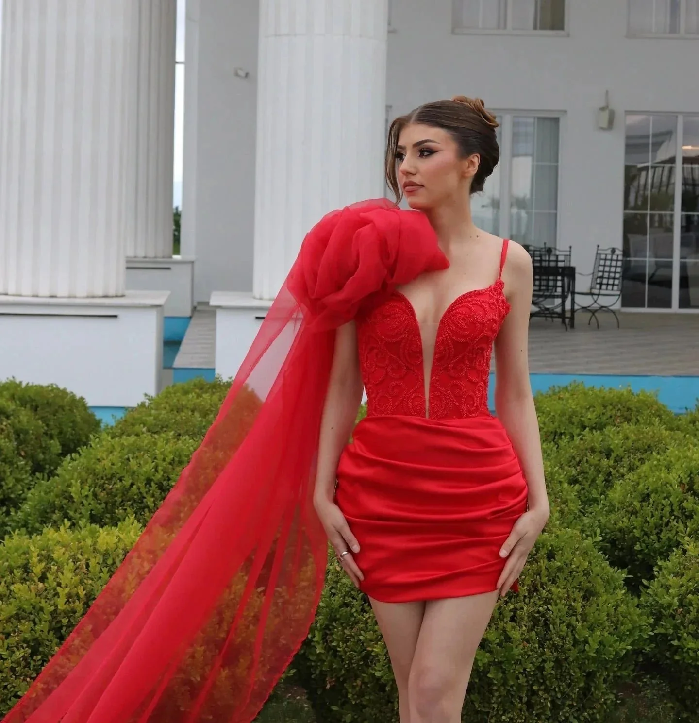 Charming Short Column V-Neck Sleeveless Ruffles Satin Red Prom Dress - Image 2
