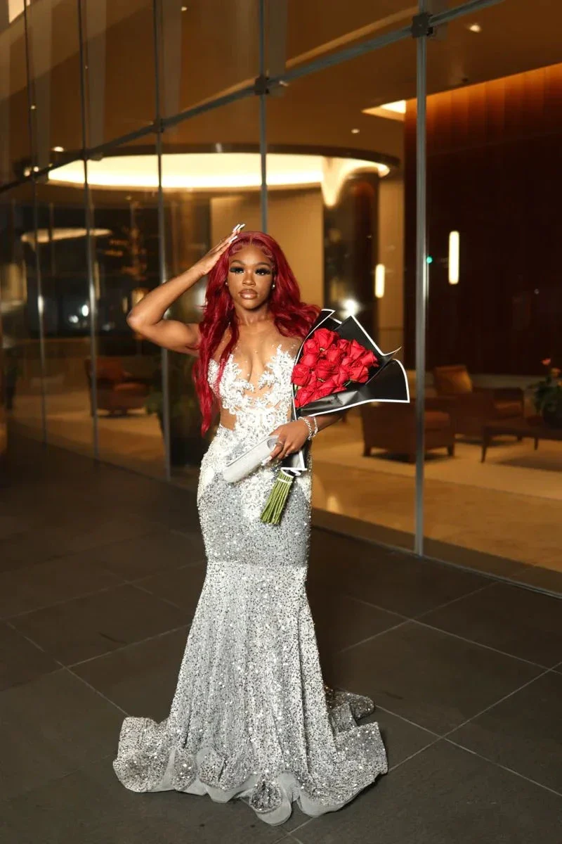 Charming Silver Sequins Mermaid Evening Dress For Black Girls Y4168 - Image 2