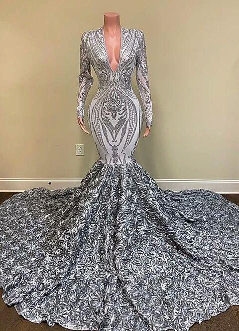 Charming Silver V-neck Long Sleeve Flowers Floor-length Mermaid Prom Dresses - Image 2