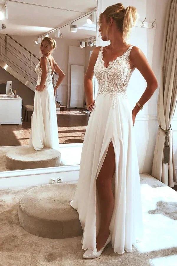 Charming Spaghetti straps Appliques Lace Split Beach Wedding Dress WD629 - Image 2