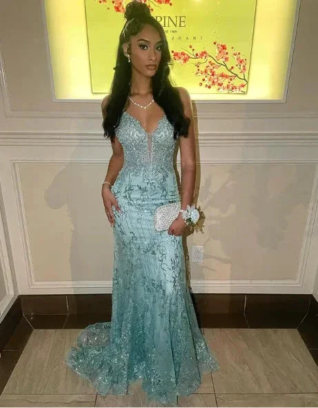 Charming Spaghetti Straps Lace Appliques Evening Dress Mermaid Prom Dress Y7921 - Image 2