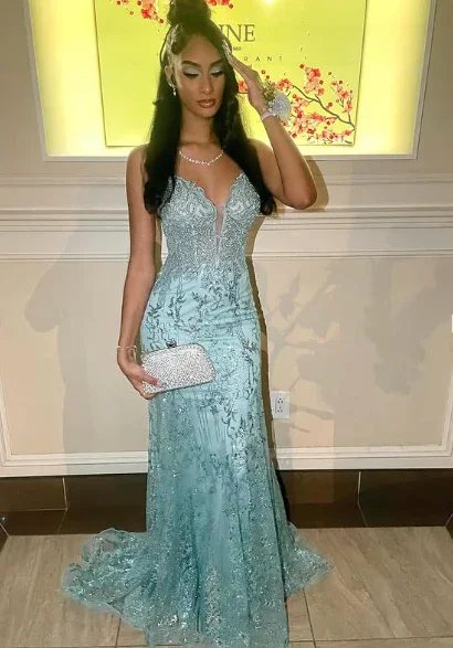 Charming Spaghetti Straps Lace Appliques Evening Dress Mermaid Prom Dress Y7921 - Image 3