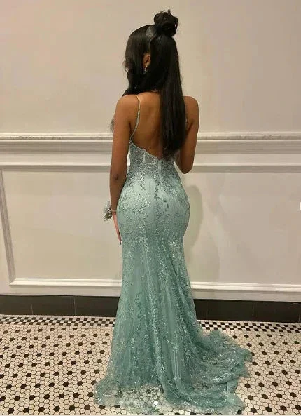Charming Spaghetti Straps Lace Appliques Evening Dress Mermaid Prom Dress Y7921 - Image 4