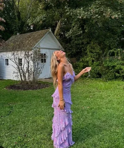 Charming Spaghetti Straps Lavender Chiffon Print Floral Evening Dress Ruffles Long Prom Dress Y8266 - Image 2