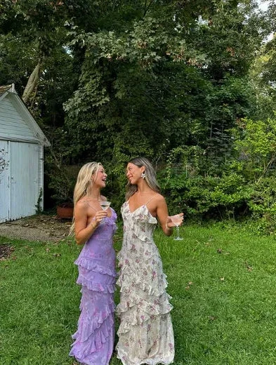 Charming Spaghetti Straps Lavender Chiffon Print Floral Evening Dress Ruffles Long Prom Dress Y8266 - Image 3