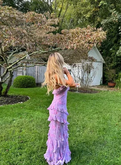 Charming Spaghetti Straps Lavender Chiffon Print Floral Evening Dress Ruffles Long Prom Dress Y8266 - Image 4