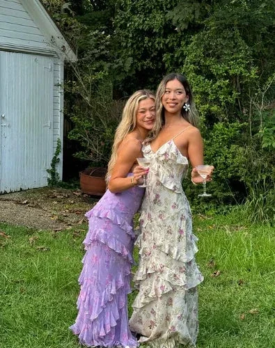 Charming Spaghetti Straps Lavender Chiffon Print Floral Evening Dress Ruffles Long Prom Dress Y8266 - Image 5