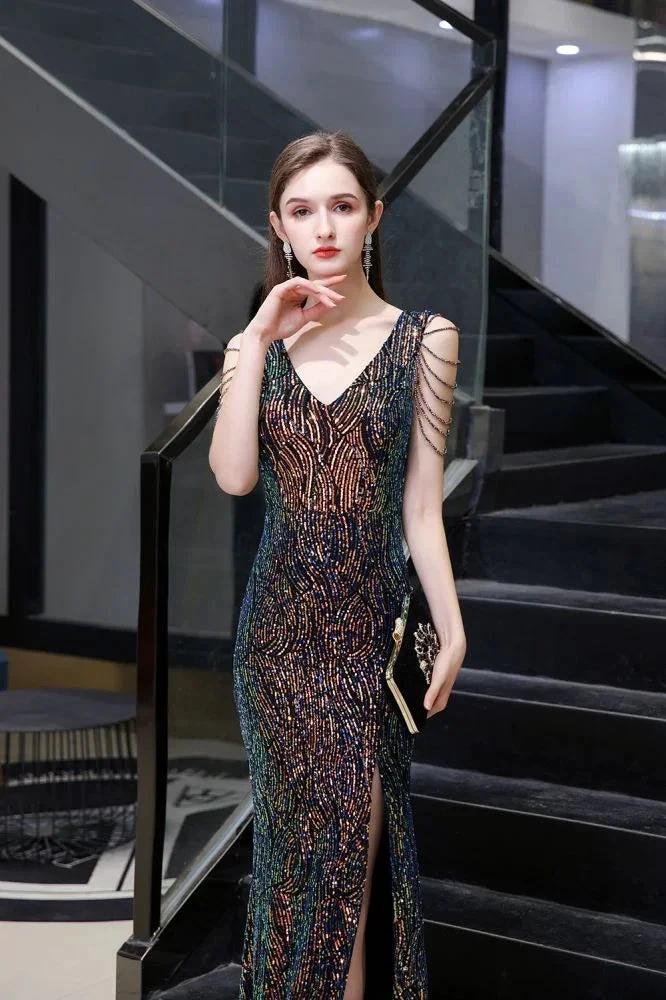 Charming Sparkly Sequins Beading Side Slit Prom Dress Floor Length - Image 3