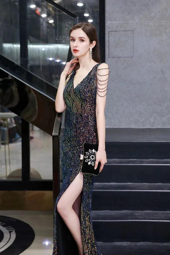 Charming Sparkly Sequins Beading Side Slit Prom Dress Floor Length - Image 6