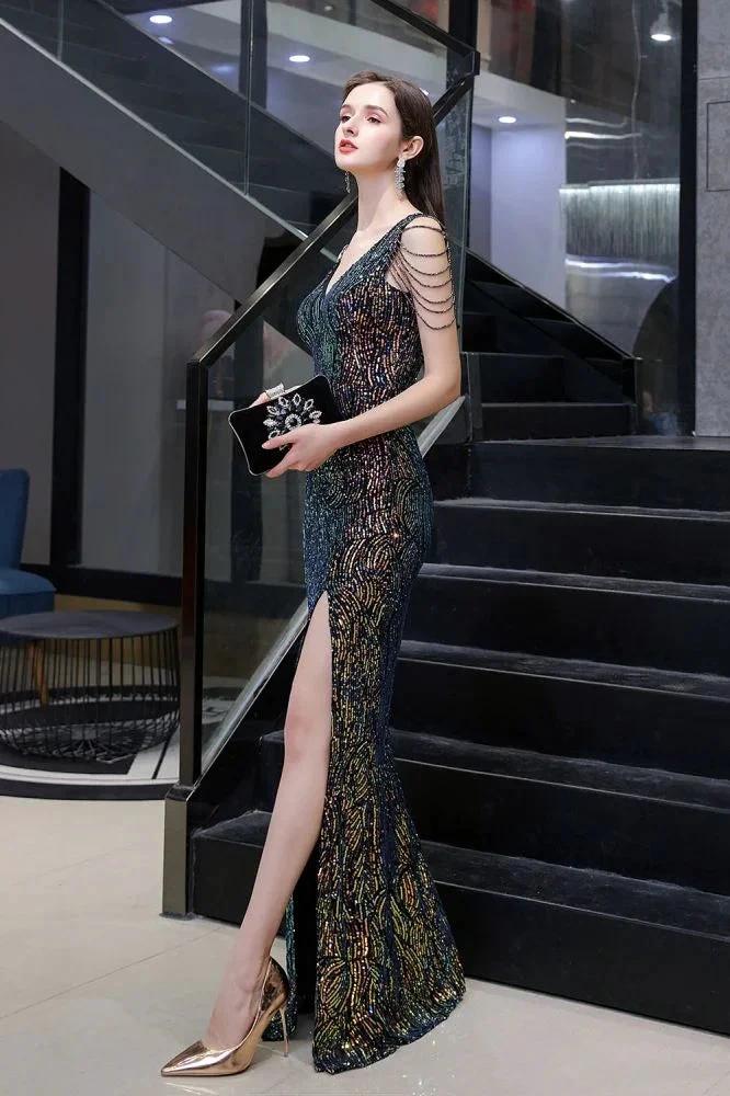 Charming Sparkly Sequins Beading Side Slit Prom Dress Floor Length - Image 7