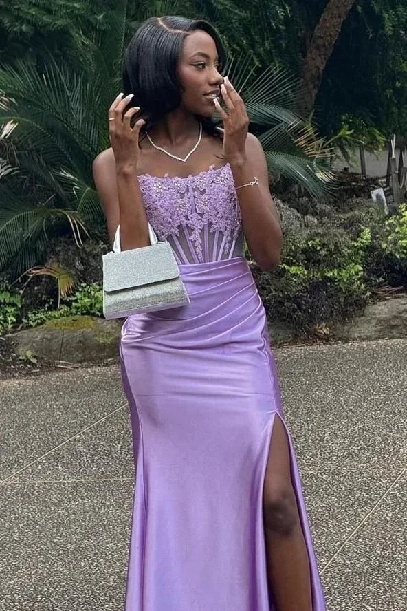 Charming Strapless Burgundy Lace Appliques Long Prom Dress Slit Mermaid Evening Gown Y7883 - Image 3