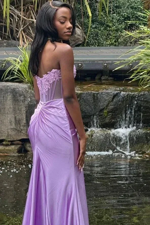Charming Strapless Burgundy Lace Appliques Long Prom Dress Slit Mermaid Evening Gown Y7883 - Image 4