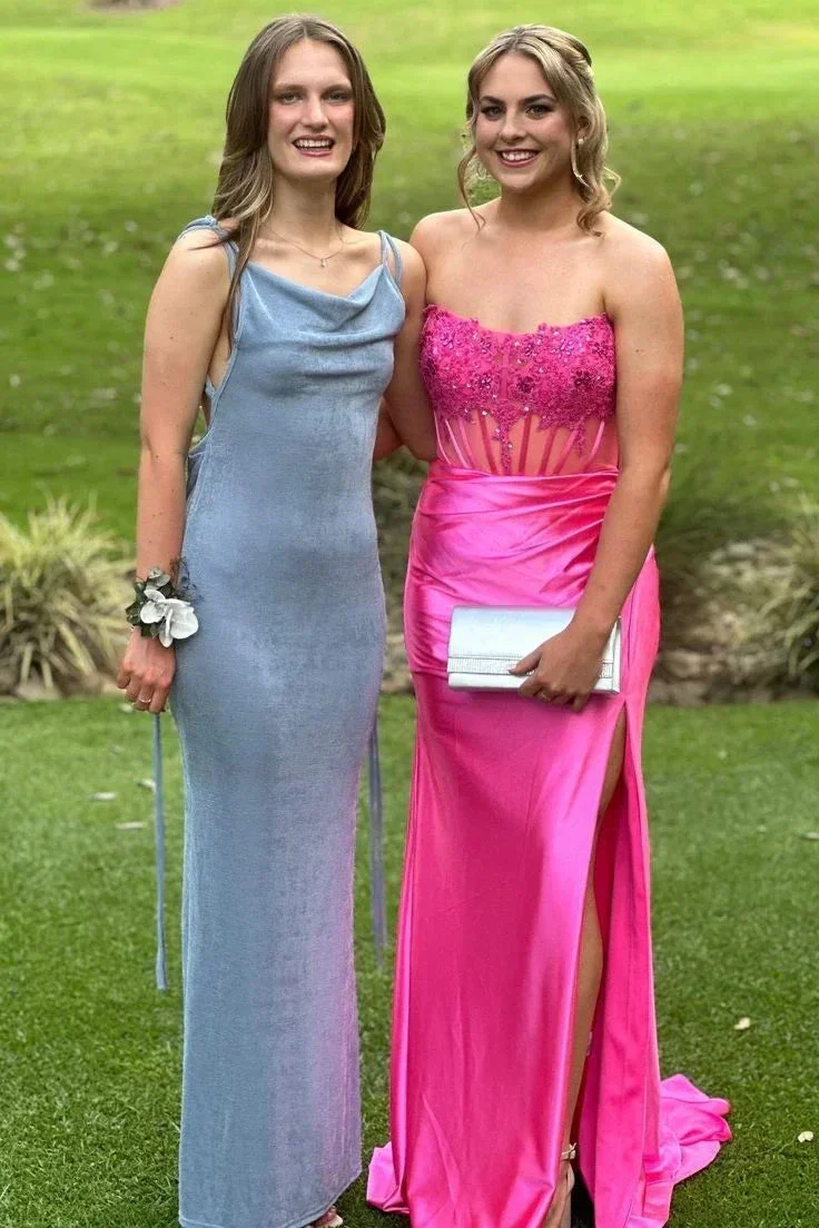 Charming Strapless Burgundy Lace Appliques Long Prom Dress Slit Mermaid Evening Gown Y7883 - Image 5