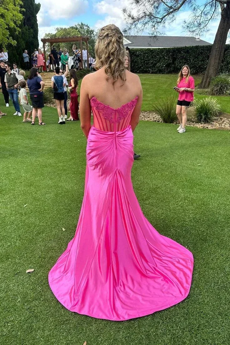 Charming Strapless Burgundy Lace Appliques Long Prom Dress Slit Mermaid Evening Gown Y7883 - Image 6