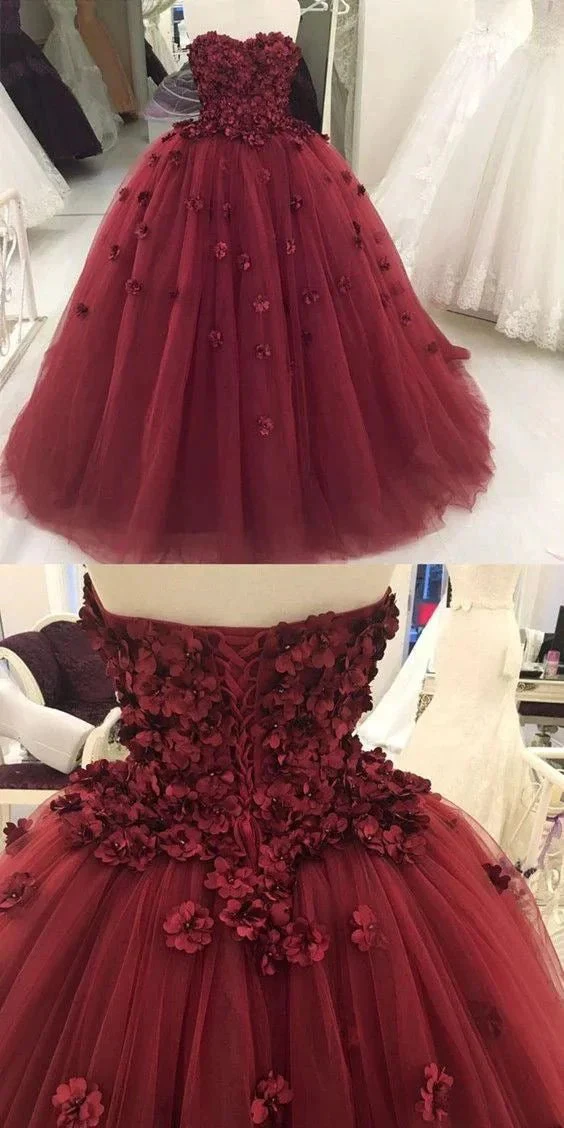 Charming Strapless Burgundy Tulle Ball Gown With Hand Flowers Y1218 - Image 2