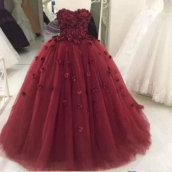 Charming Strapless Burgundy Tulle Ball Gown With Hand Flowers Y1218 - Image 3