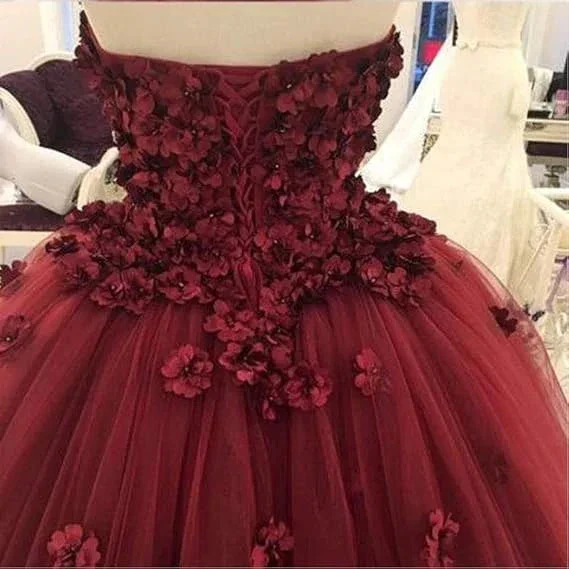 Charming Strapless Burgundy Tulle Ball Gown With Hand Flowers Y1218 - Image 4