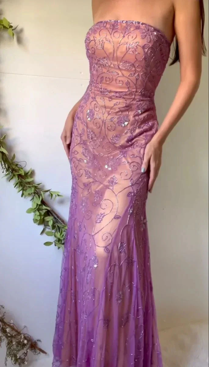 Charming Strapless Tulle Beaded Mermaid Prom Evening Dress Y8136 - Image 2