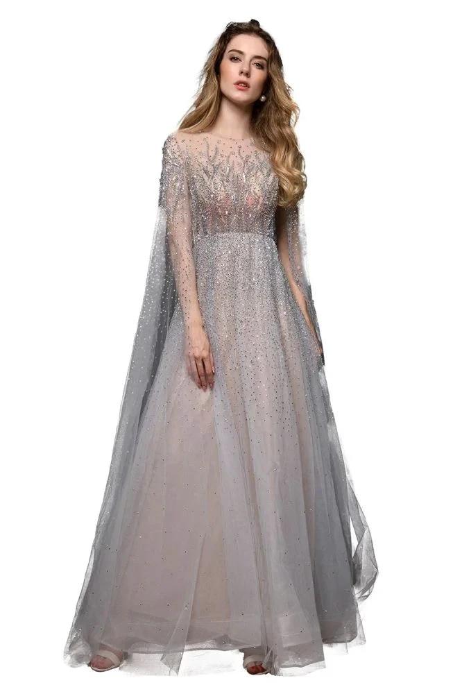 Charming Tulle Floor Length Evening Party Dress Sparkly Beads Prom Dress with Back Cape - Image 10