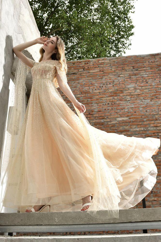 Charming Tulle Floor Length Evening Party Dress Sparkly Beads Prom Dress with Back Cape - Image 11