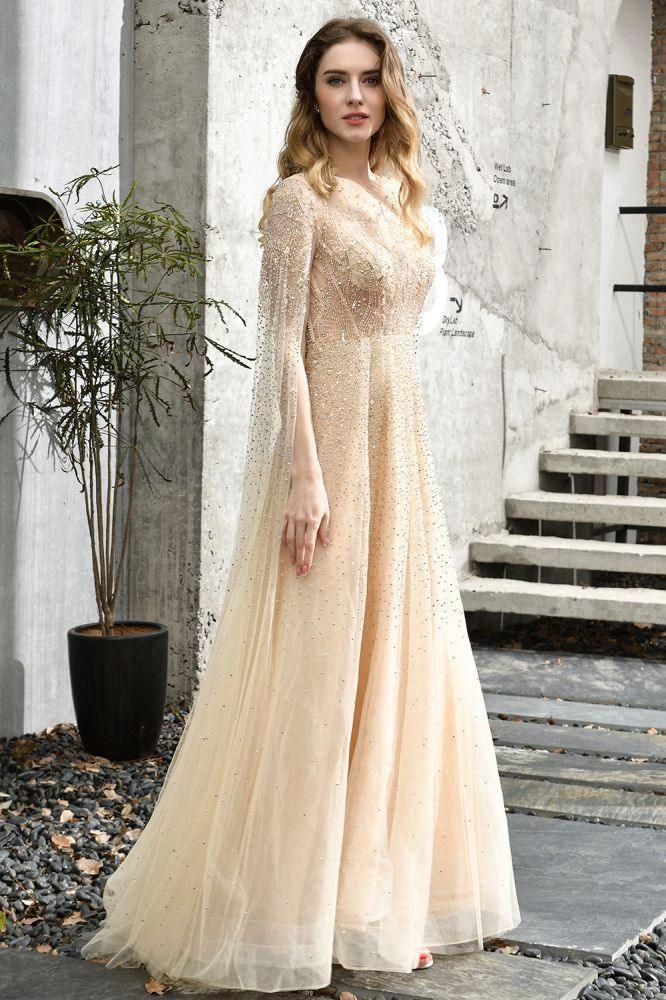 Charming Tulle Floor Length Evening Party Dress Sparkly Beads Prom Dress with Back Cape - Image 12