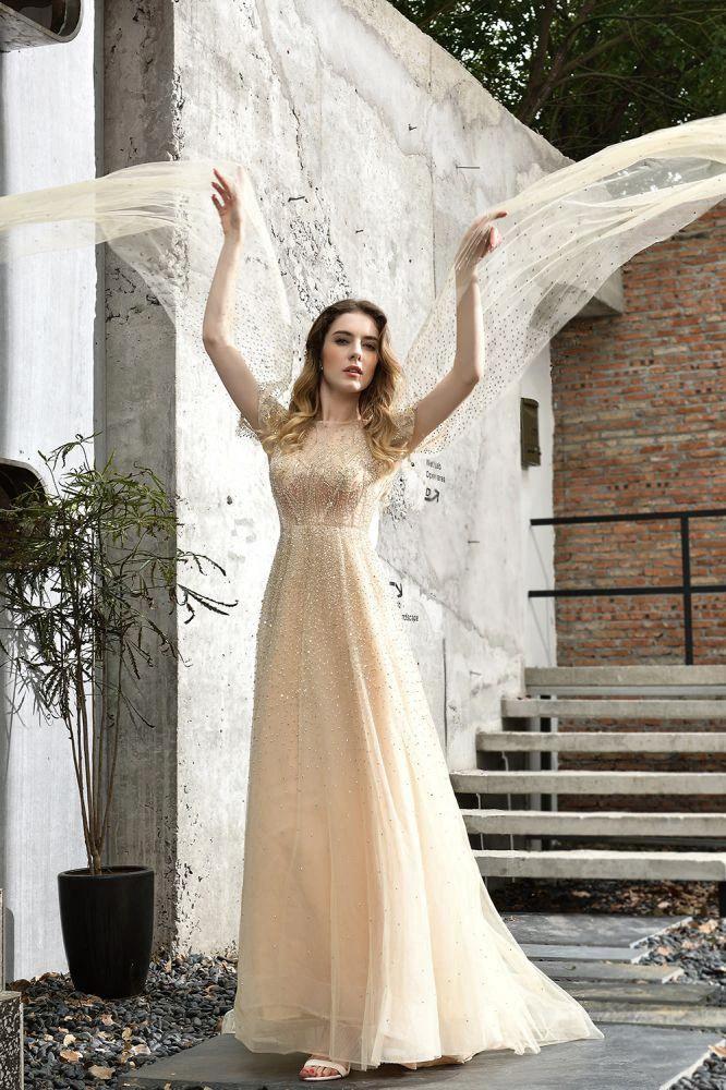 Charming Tulle Floor Length Evening Party Dress Sparkly Beads Prom Dress with Back Cape - Image 13
