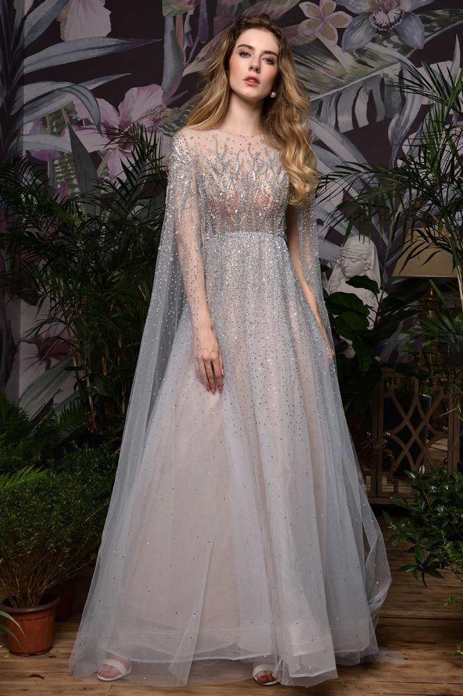 Charming Tulle Floor Length Evening Party Dress Sparkly Beads Prom Dress with Back Cape - Image 14