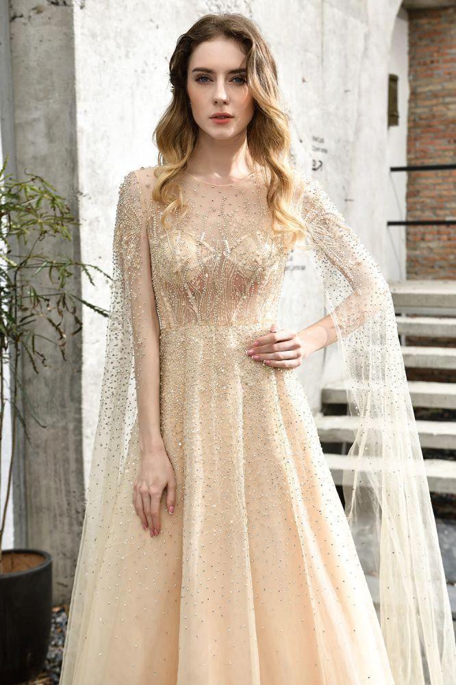 Charming Tulle Floor Length Evening Party Dress Sparkly Beads Prom Dress with Back Cape - Image 15
