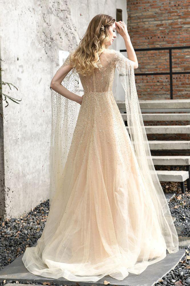 Charming Tulle Floor Length Evening Party Dress Sparkly Beads Prom Dress with Back Cape - Image 16