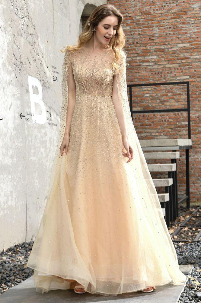 Charming Tulle Floor Length Evening Party Dress Sparkly Beads Prom Dress with Back Cape - Image 17