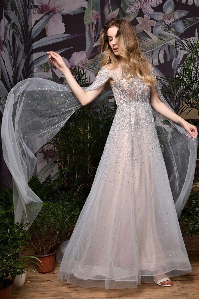 Charming Tulle Floor Length Evening Party Dress Sparkly Beads Prom Dress with Back Cape - Image 18