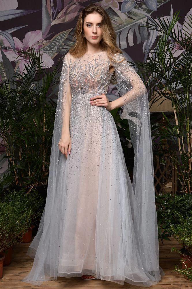 Charming Tulle Floor Length Evening Party Dress Sparkly Beads Prom Dress with Back Cape - Image 19