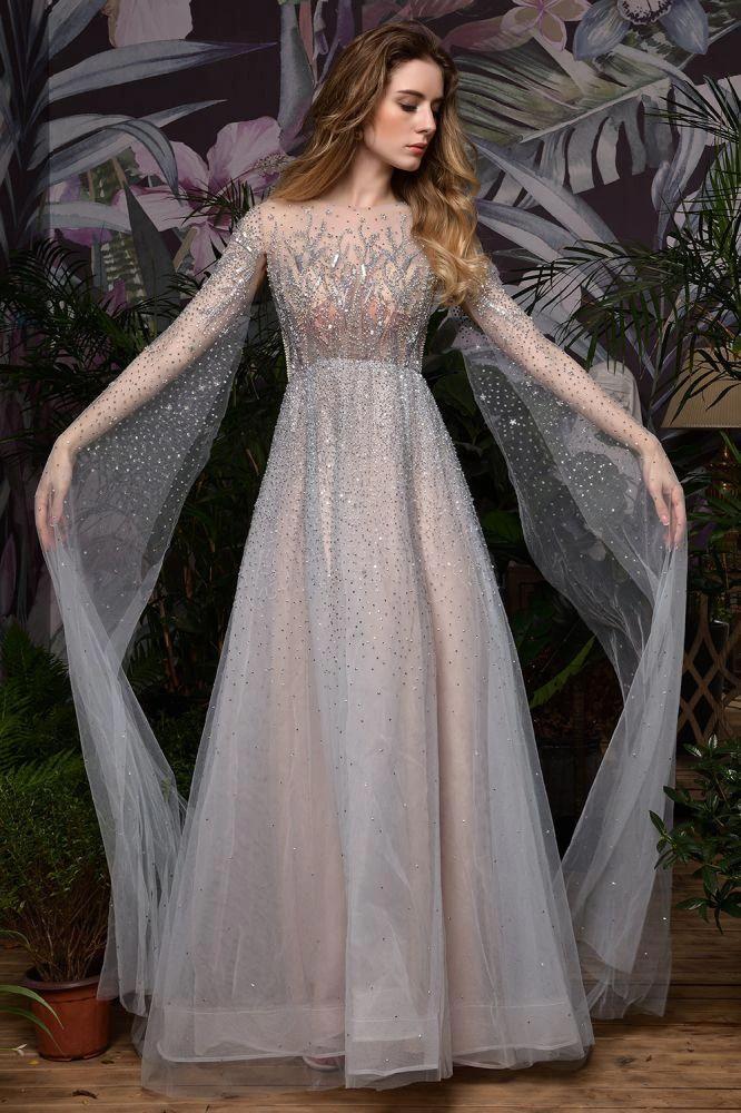 Charming Tulle Floor Length Evening Party Dress Sparkly Beads Prom Dress with Back Cape - Image 2