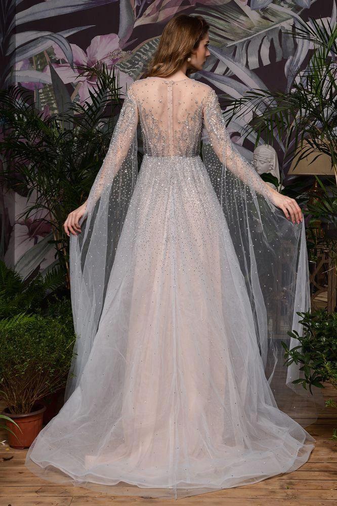 Charming Tulle Floor Length Evening Party Dress Sparkly Beads Prom Dress with Back Cape - Image 20