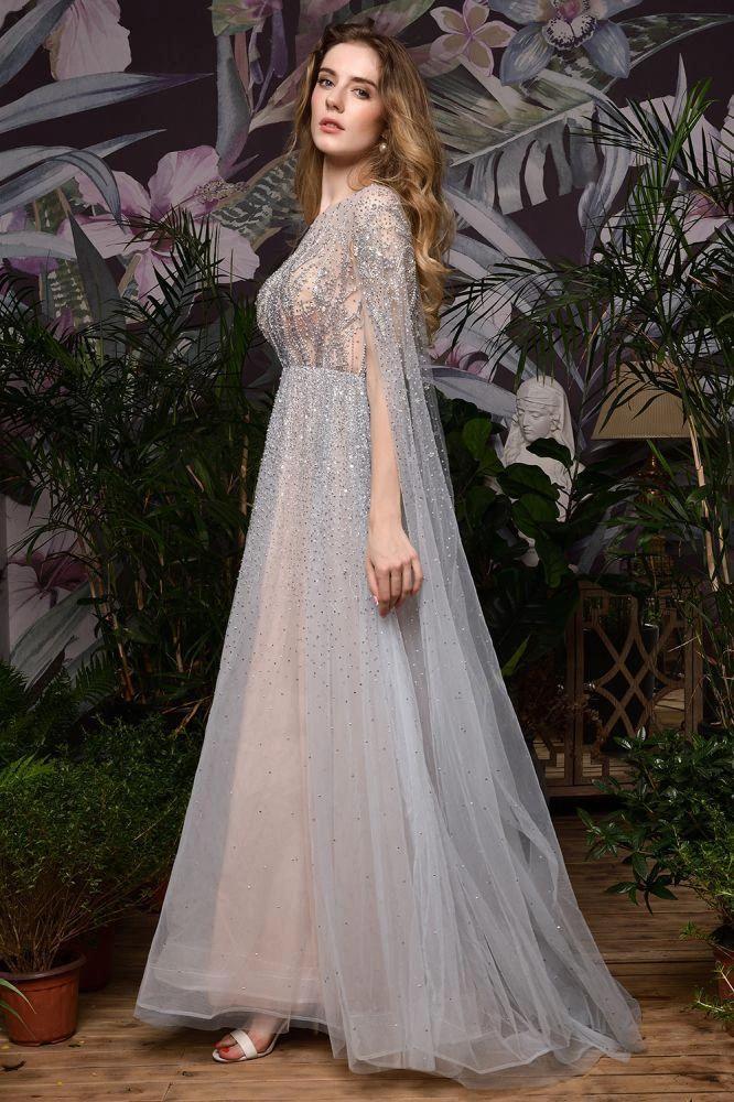 Charming Tulle Floor Length Evening Party Dress Sparkly Beads Prom Dress with Back Cape - Image 21