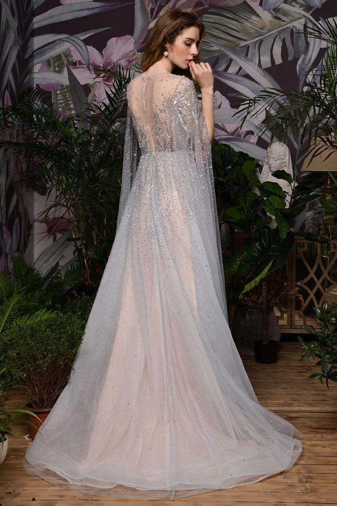Charming Tulle Floor Length Evening Party Dress Sparkly Beads Prom Dress with Back Cape - Image 22