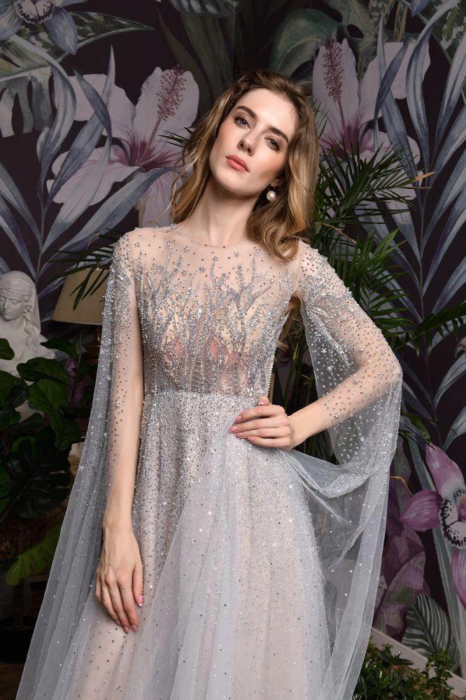 Charming Tulle Floor Length Evening Party Dress Sparkly Beads Prom Dress with Back Cape - Image 23