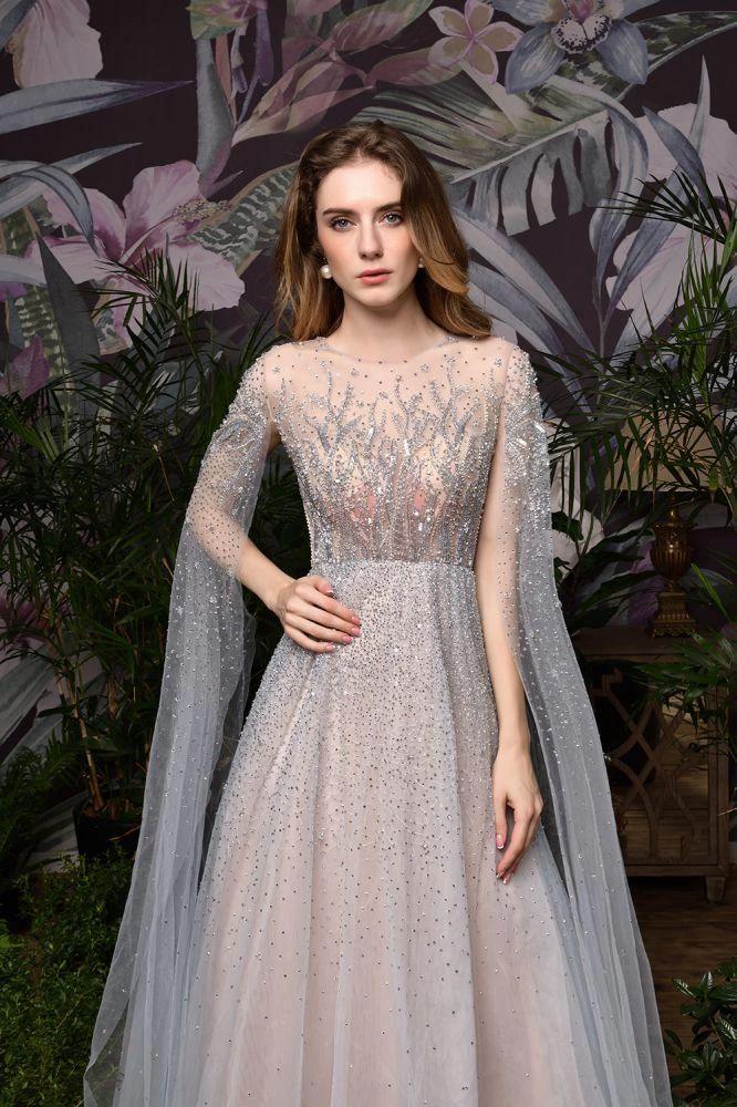 Charming Tulle Floor Length Evening Party Dress Sparkly Beads Prom Dress with Back Cape - Image 24