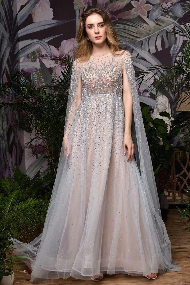 Charming Tulle Floor Length Evening Party Dress Sparkly Beads Prom Dress with Back Cape - Image 3