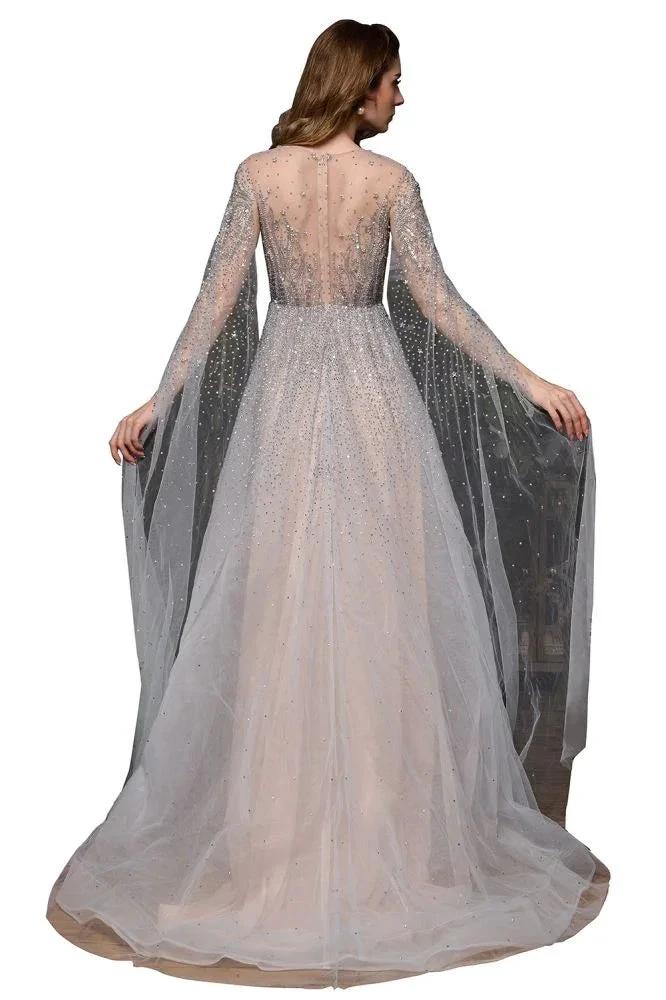 Charming Tulle Floor Length Evening Party Dress Sparkly Beads Prom Dress with Back Cape - Image 4