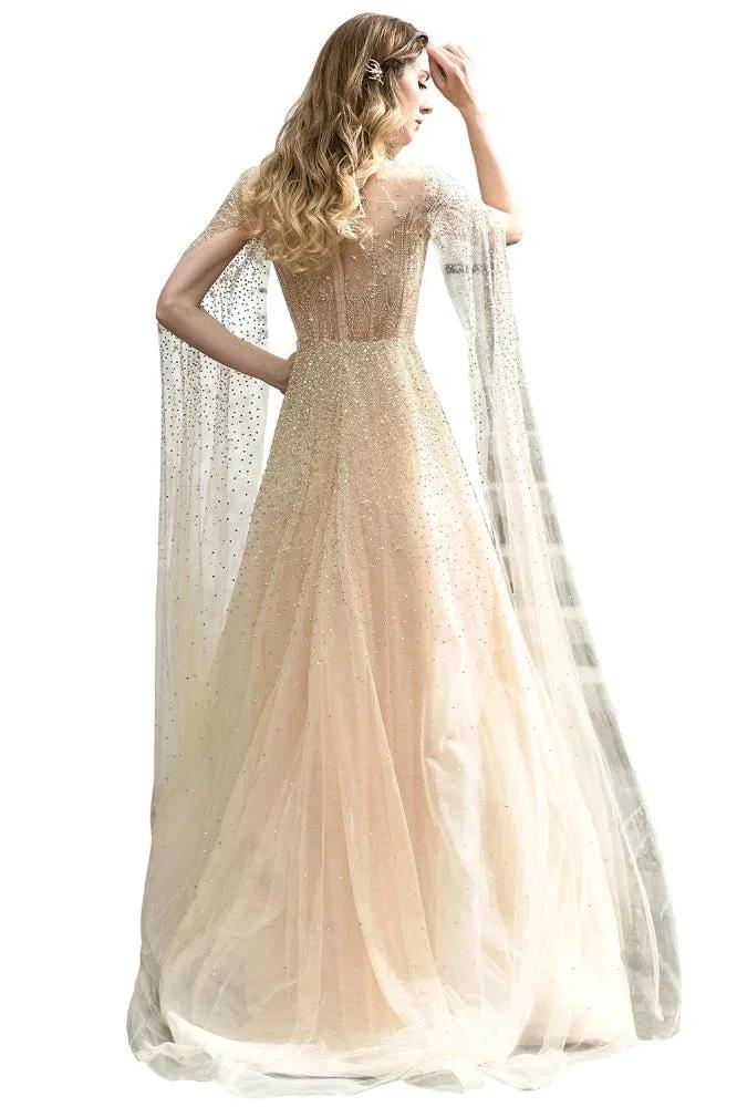 Charming Tulle Floor Length Evening Party Dress Sparkly Beads Prom Dress with Back Cape - Image 5
