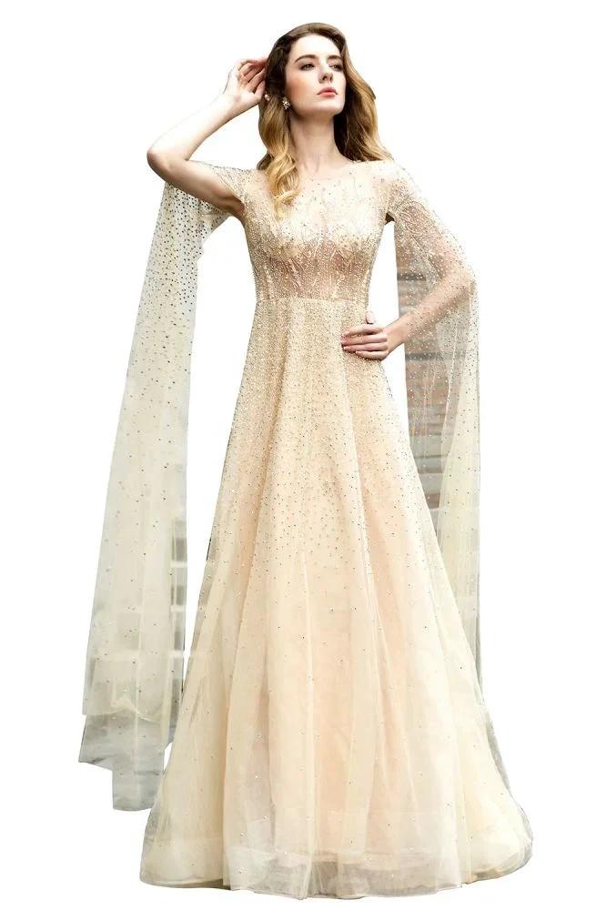 Charming Tulle Floor Length Evening Party Dress Sparkly Beads Prom Dress with Back Cape - Image 6