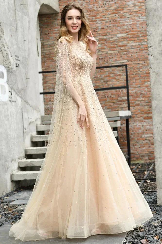 Charming Tulle Floor Length Evening Party Dress Sparkly Beads Prom Dress with Back Cape - Image 7