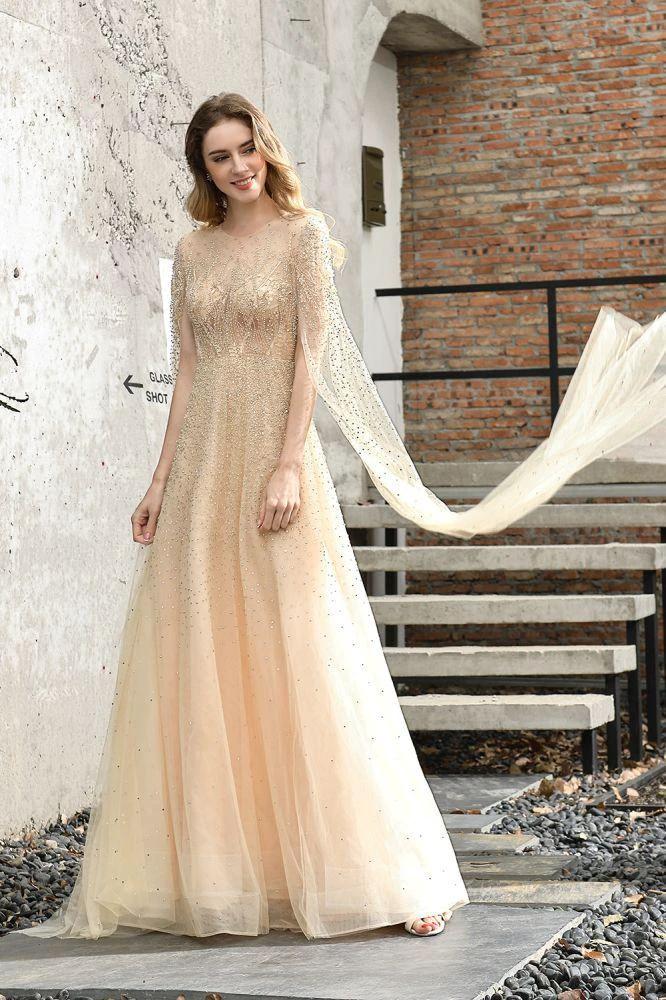 Charming Tulle Floor Length Evening Party Dress Sparkly Beads Prom Dress with Back Cape - Image 9