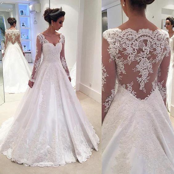 Charming V Neck Appliques A Line Wedding Dress With Long Sleeves WD023 - Image 2