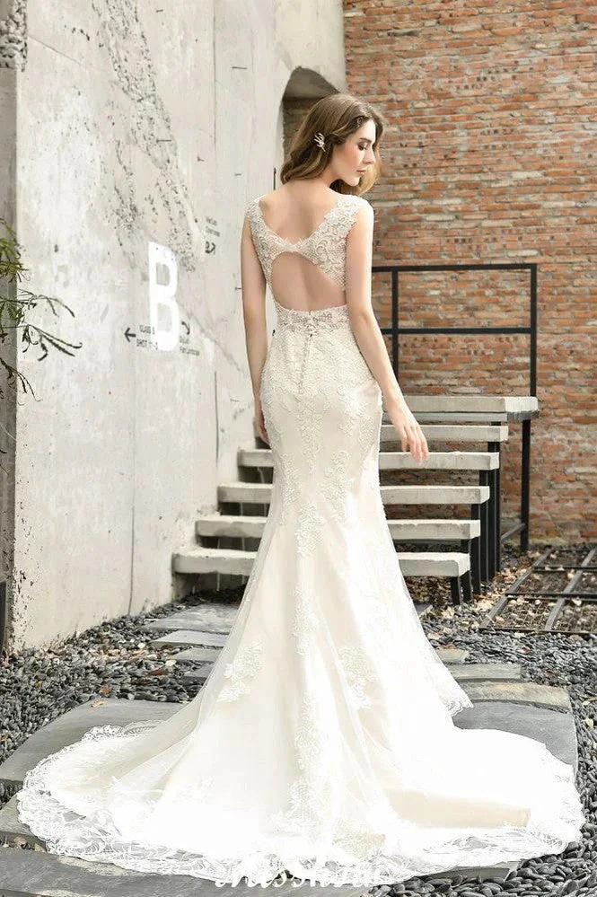 Charming V-Neck Floral Lace Mermaid Bridal Gown Sleeveless Sain Dress For Bride - Image 2